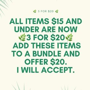 All listings $15 and under are 3 for $20. Bundle Shorts, tops, leggings for $20!